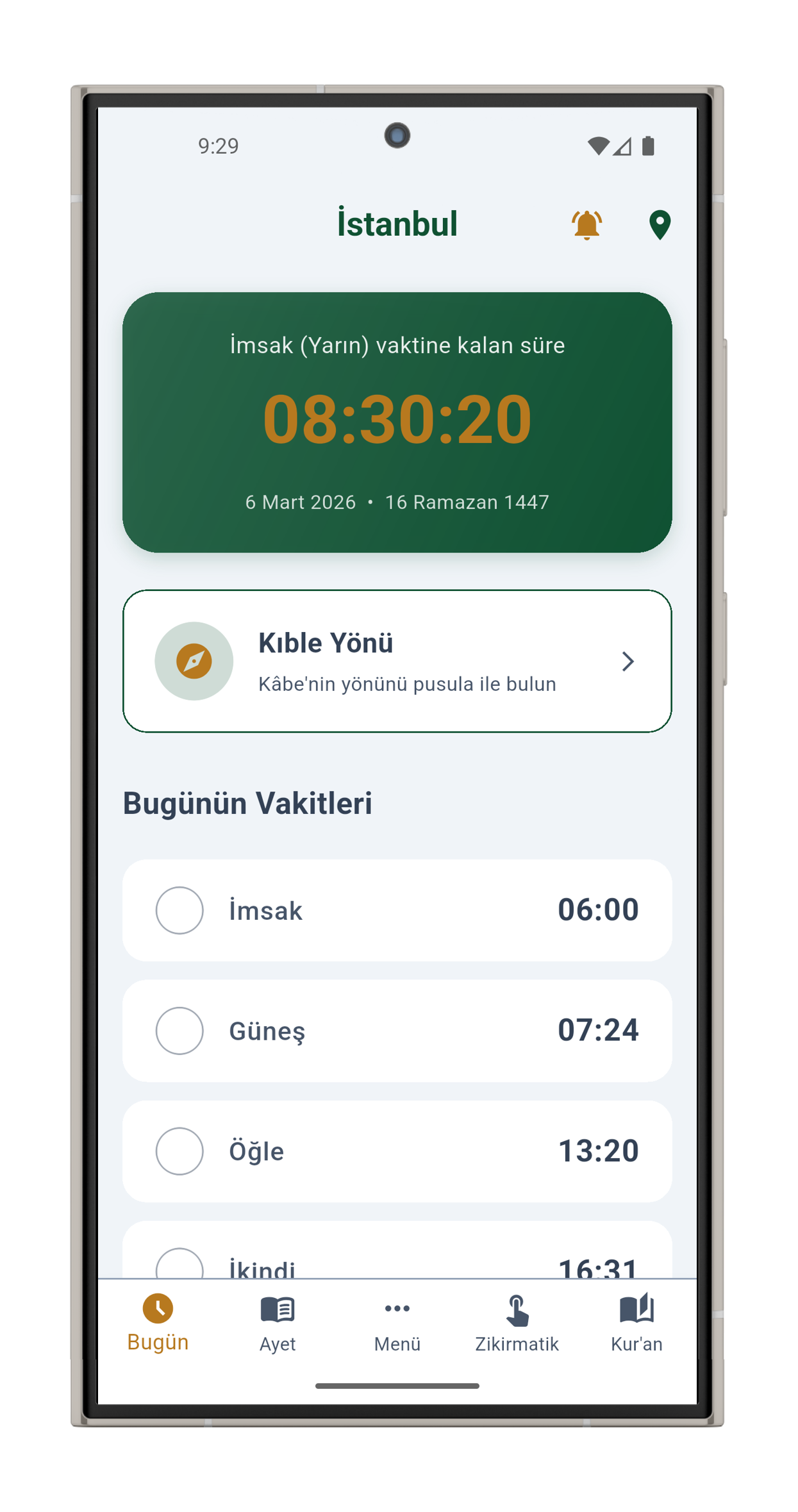 Hayat-ı İslam uygulama ekranı — namaz vakitleri görünümü